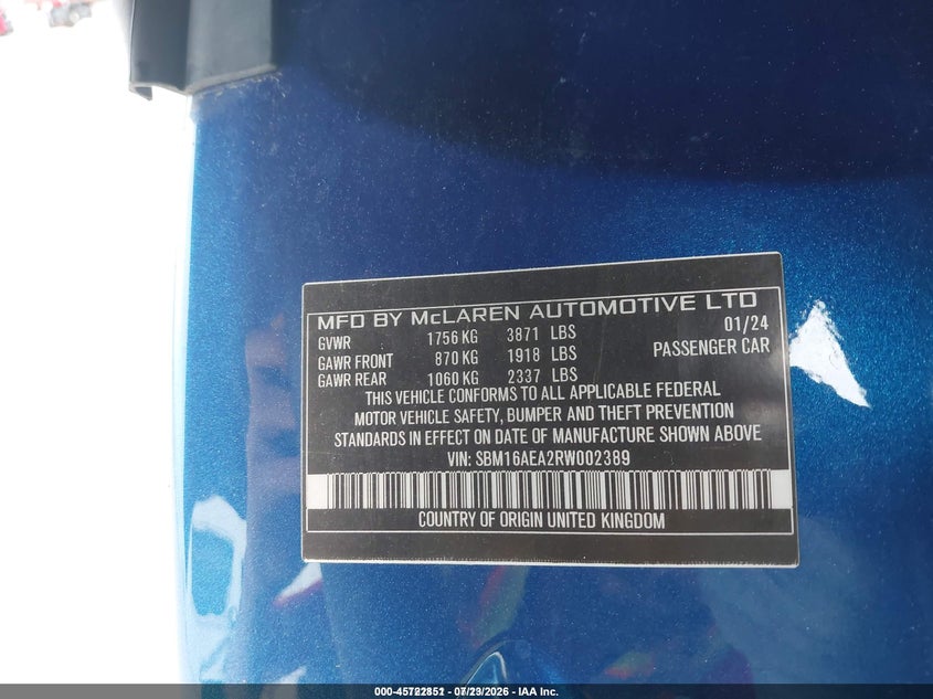 2024 Mclaren Artura VIN SBM16AEA2RW002389 IAAI salvage auction — REAR END, Certificate Of Destruction (Florida), sold $70,500 on 2026-07-28 (photo 9)