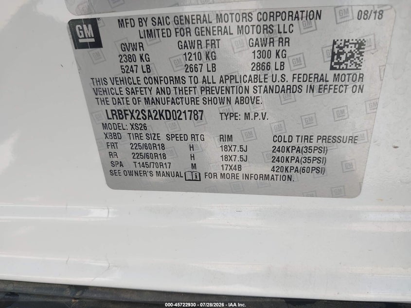 2019 Buick Envision VIN LRBFX2SA2KD021787 IAAI salvage auction — UNDERCARRIAGE, Salvage (Oklahoma), sold $7,875 on 2026-08-19 (photo 9)