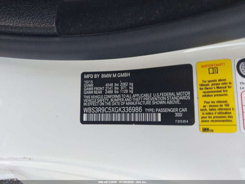 2016 BMW M4 VIN WBS3R9C5XGK336986 IAAI salvage auction — REAR END, Wait Title, sold $15,100 on 2026-09-05 (photo 9)