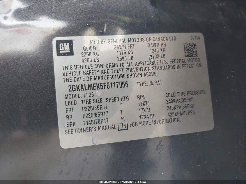 2015 Gmc Terrain VIN 2GKALMEK5F6117056 IAAI salvage auction — SIDE, Salvage (Arizona), sold $1,350 on 2026-08-03 (photo 9)