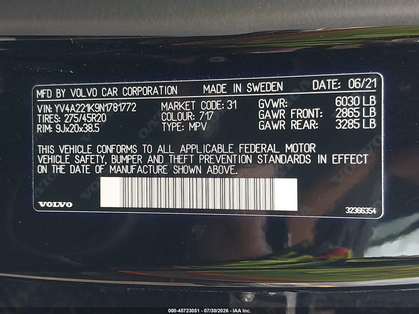 2022 Volvo Xc90 VIN YV4A221K9N1781772 IAAI salvage auction — NORMAL WEAR, Clear (New Jersey), sold $12,600 on 2026-08-29 (photo 9)