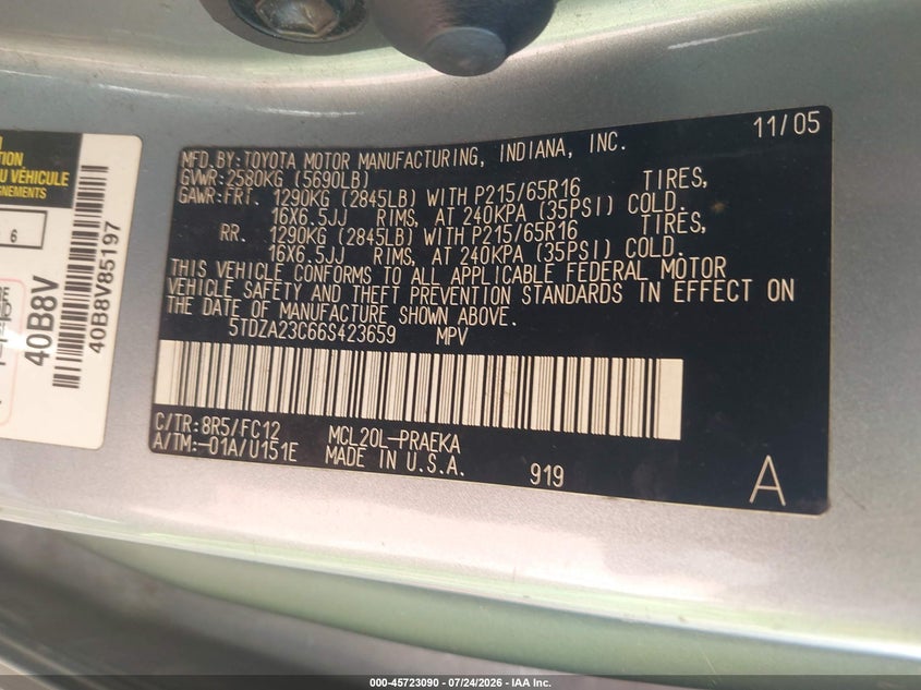 2006 Toyota Sienna VIN 5TDZA23C66S423659 IAAI salvage auction — NORMAL WEAR, Clear (New York), sold $500 on 2026-07-28 (photo 9)