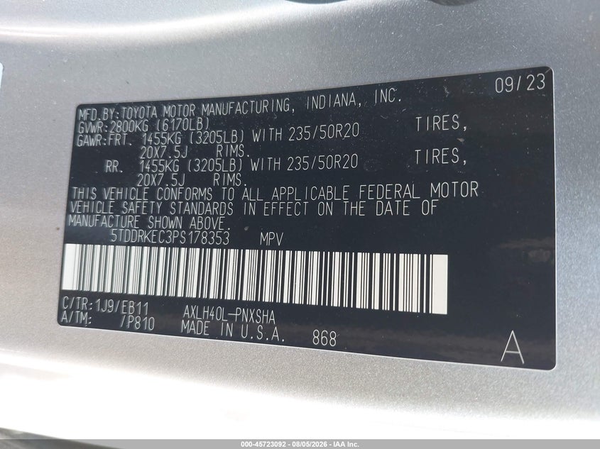2023 Toyota Sienna VIN 5TDDRKEC3PS178353 IAAI salvage auction — WATER/FLOOD, Wait Title, sold $15,650 on 2026-10-06 (photo 9)