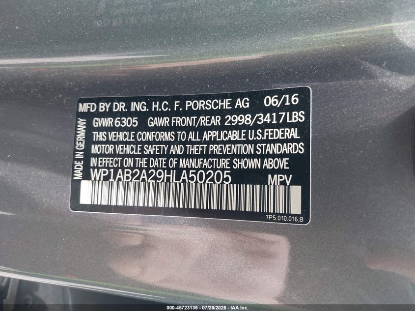 2017 Porsche Cayenne VIN WP1AB2A29HLA50205 IAAI salvage auction — FRONT END, Mv-907A (New York), sold $6,300 on 2026-08-15 (photo 9)