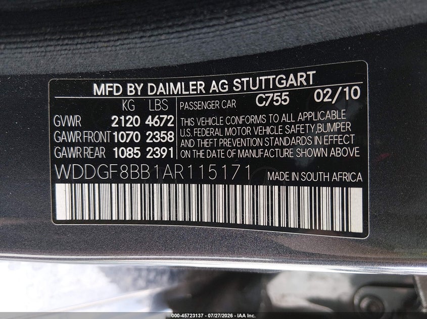 2010 Mercedes-benz C class VIN WDDGF8BB1AR115171 IAAI salvage auction — REAR END, Bill Of Sale (Washington), sold $775 on 2026-08-13 (photo 9)