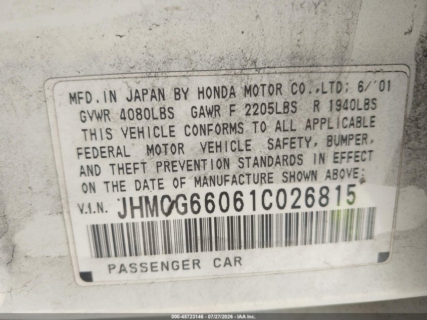 2001 Honda Accord VIN JHMCG66061C026815 IAAI salvage auction — FRONT END, Salvage (California), sold $175 on 2026-08-03 (photo 9)