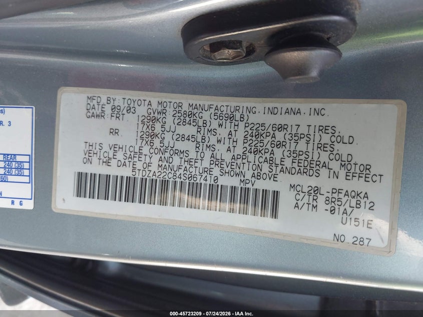 2004 Toyota Sienna VIN 5TDZA22C84S067410 IAAI salvage auction — FRONT END, Salvage (California), sold $725 on 2026-08-01 (photo 9)