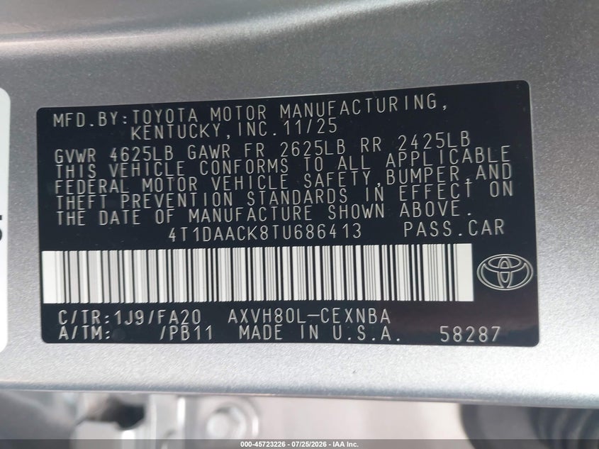 2026 Toyota Camry VIN 4T1DAACK8TU686413 IAAI salvage auction — FRONT END, Enterprise Vehicles Clear Only (Texas), sold $11,100 on 2026-07-31 (photo 9)