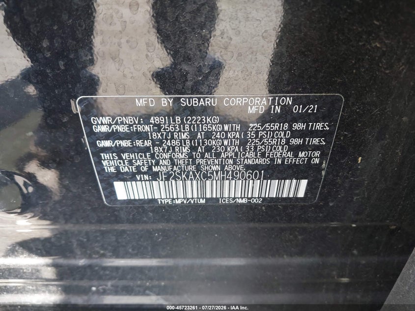 2021 Subaru Forester VIN JF2SKAXC5MH490601 IAAI salvage auction — SIDE, Salvage Certificate (California), sold $3,350 on 2026-09-06 (photo 9)