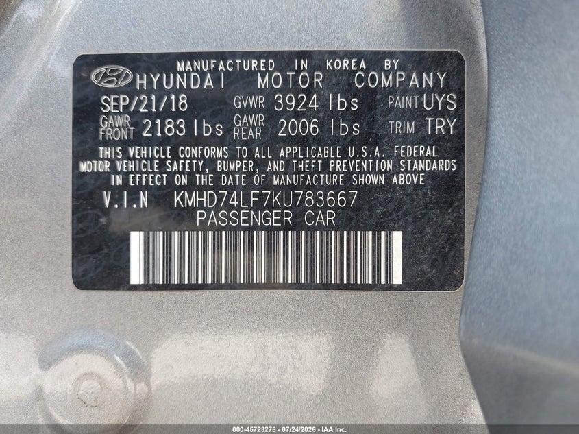 2019 Hyundai Elantra VIN KMHD74LF7KU783667 IAAI salvage auction — LEFT REAR, Salvage Title, sold $2,250 on 2026-09-28 (photo 9)