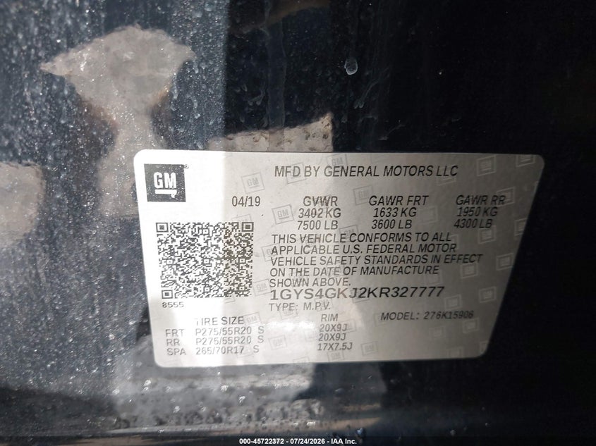 2019 Cadillac Escalade VIN 1GYS4GKJ2KR327777 IAAI salvage auction — SIDE, Salvage - Greater Than 75% (Maryland), sold $13,200 on 2026-08-19 (photo 9)