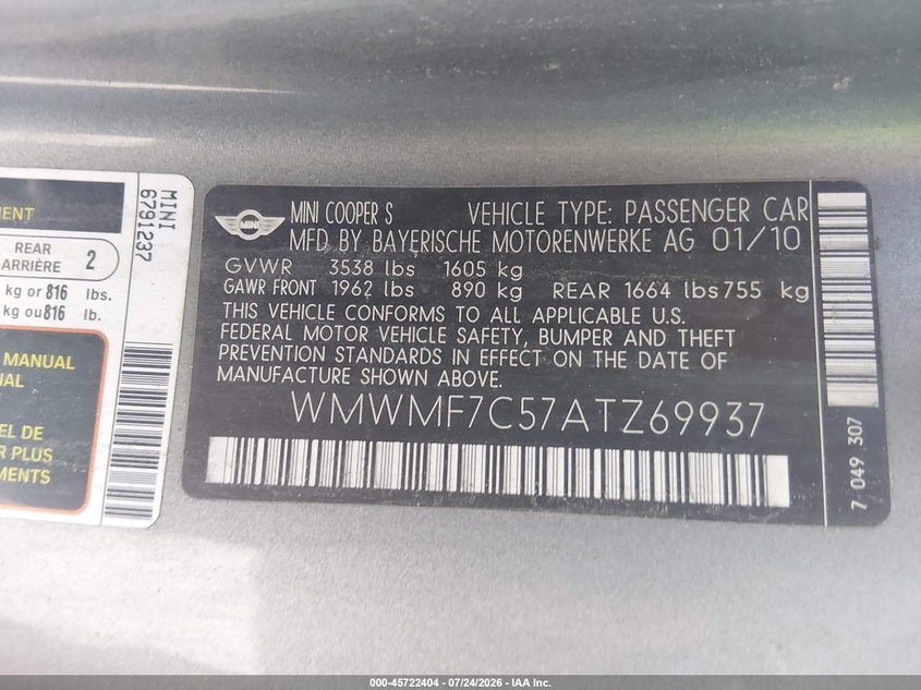 2010 Mini Cooper VIN WMWMF7C57ATZ69937 IAAI salvage auction — NORMAL WEAR, Clear (Pennsylvania), sold $600 on 2026-08-19 (photo 9)