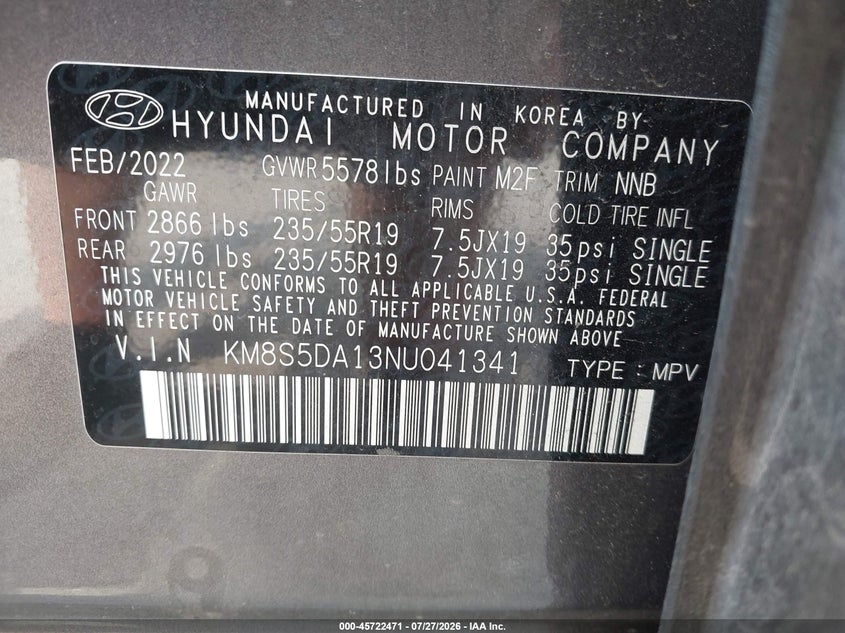2022 Hyundai Santa fe VIN KM8S5DA13NU041341 IAAI salvage auction — LEFT SIDE, Salvage Title, sold $12,200 on 2026-09-02 (photo 9)