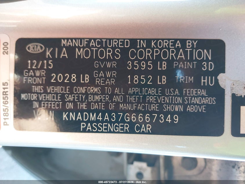 2016 Kia Rio VIN KNADM4A37G6667349 IAAI salvage auction — REAR END, Wait Title, sold $1,350 on 2026-08-21 (photo 9)