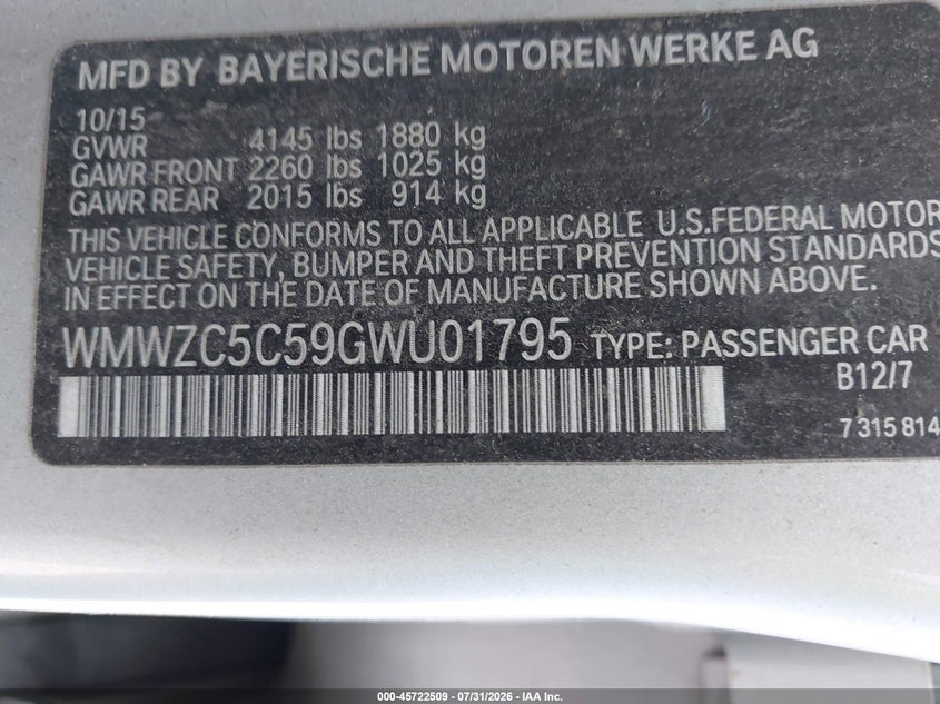 2016 Mini Countryman VIN WMWZC5C59GWU01795 IAAI salvage auction — NORMAL WEAR, Salvage Title, sold $475 on 2026-08-10 (photo 9)