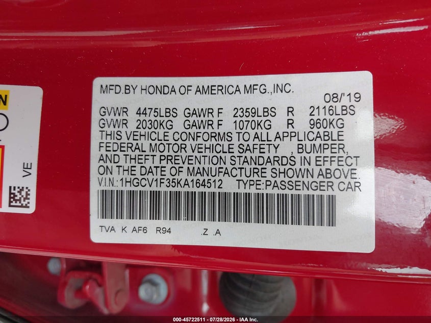 2019 Honda Accord VIN 1HGCV1F35KA164512 IAAI salvage auction — SIDE, Salvage Title, sold $7,000 on 2026-08-22 (photo 9)