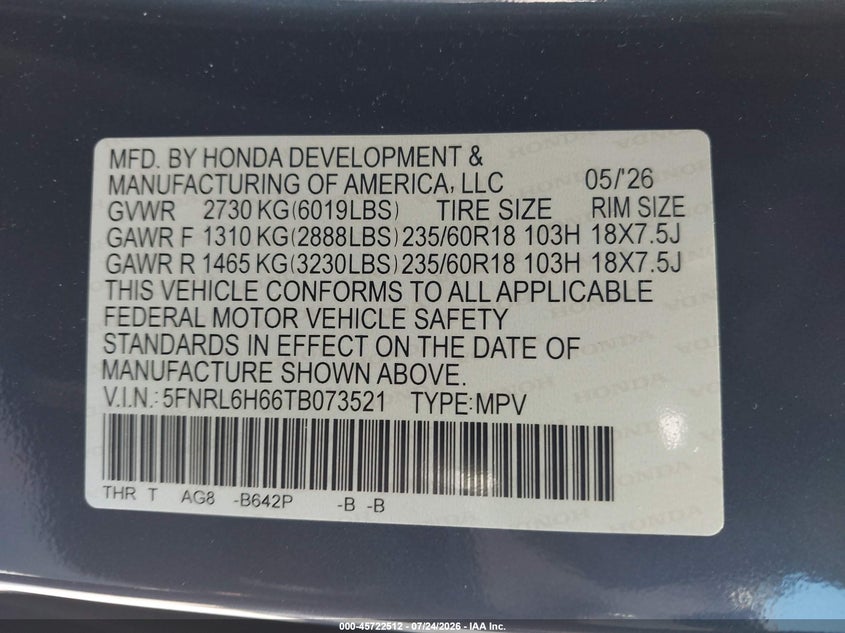 2026 Honda Odyssey VIN 5FNRL6H66TB073521 IAAI salvage auction — RIGHT FRONT, Salvage Title, sold $18,800 on 2026-07-29 (photo 9)