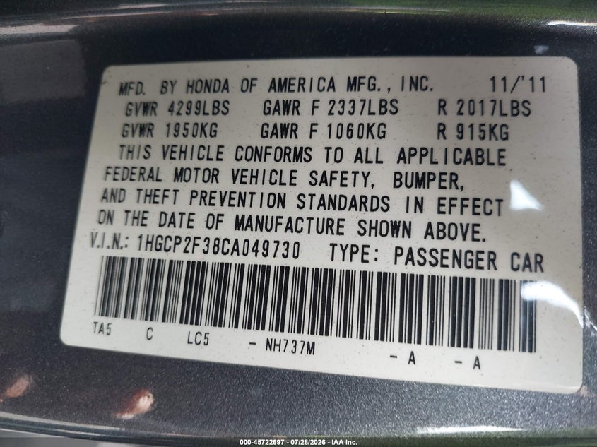 2012 Honda Accord VIN 1HGCP2F38CA049730 IAAI salvage auction — LEFT FRONT, Salvage Certificate (California), sold $1,750 on 2026-08-01 (photo 9)