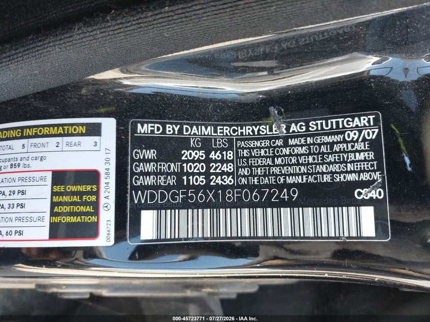 2008 Mercedes-benz C class VIN WDDGF56X18F067249 IAAI salvage auction — NORMAL WEAR, Clear - Dealer Only (California), sold $300 on 2026-08-05 (photo 9)