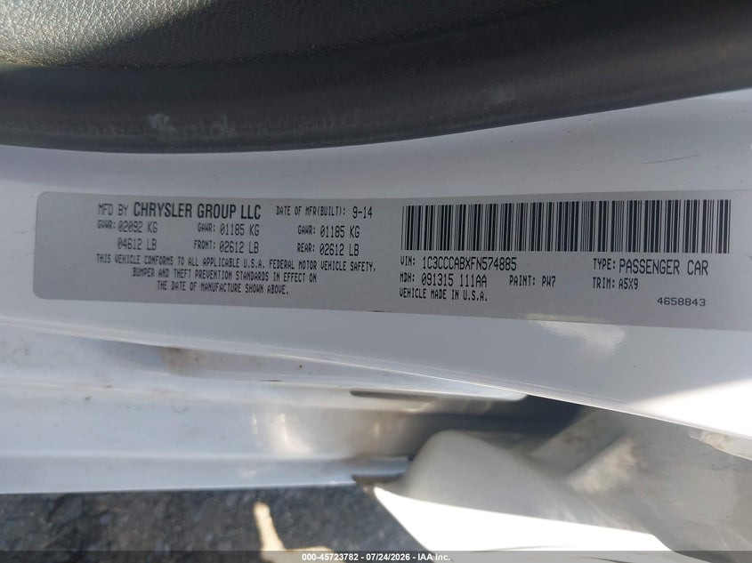 2015 Chrysler 200 VIN 1C3CCCABXFN574885 IAAI salvage auction — NORMAL WEAR, Clear - Dealer Only (California), sold $400 on 2026-08-21 (photo 9)