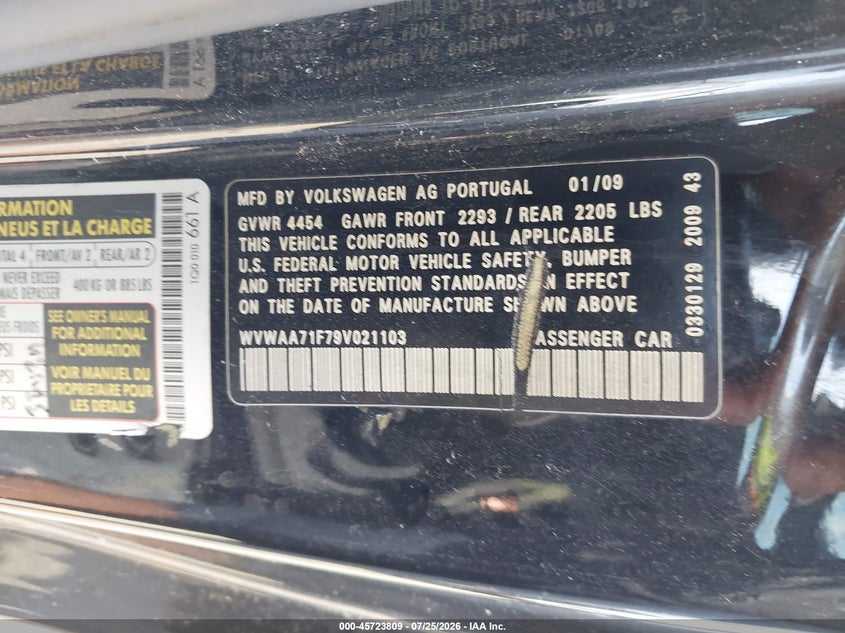 2009 Volkswagen Eos VIN WVWAA71F79V021103 IAAI salvage auction — REAR END, Salvage (Texas), sold $950 on 2026-08-07 (photo 9)