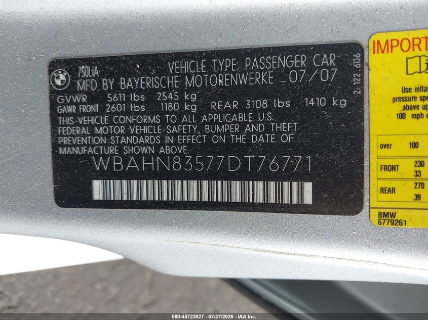 2007 BMW 7 series VIN WBAHN83577DT76771 IAAI salvage auction — NORMAL WEAR, Clear-Dealer Only (Oregon), sold $150 on 2026-07-30 (photo 9)