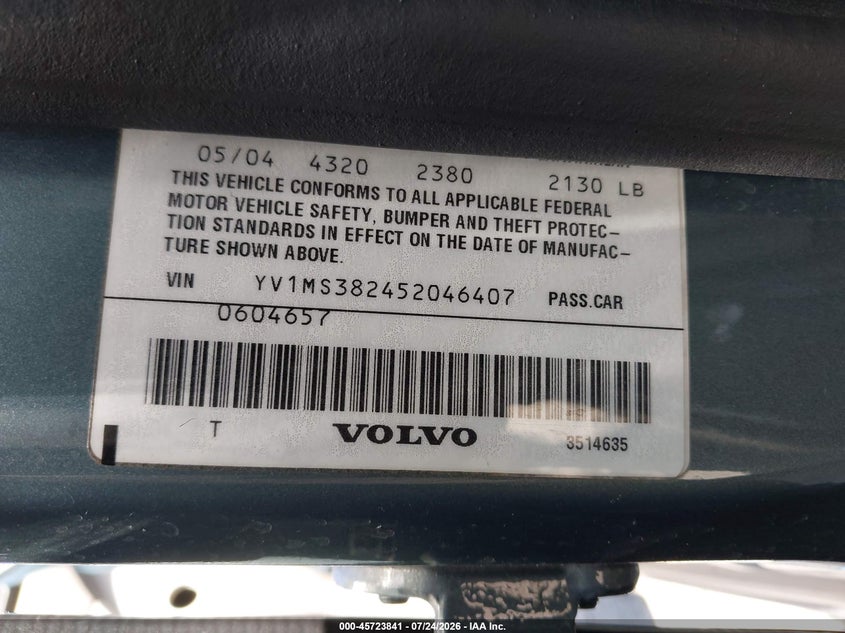 2005 Volvo S40 VIN YV1MS382452046407 IAAI salvage auction — THEFT, Salvage (California), sold $400 on 2026-09-03 (photo 9)