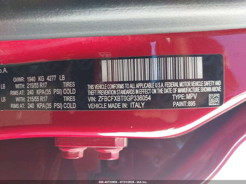2016 Fiat 500x VIN ZFBCFXBT0GP336054 IAAI salvage auction — SIDE, Salvage (California), sold $1,400 on 2026-08-06 (photo 9)