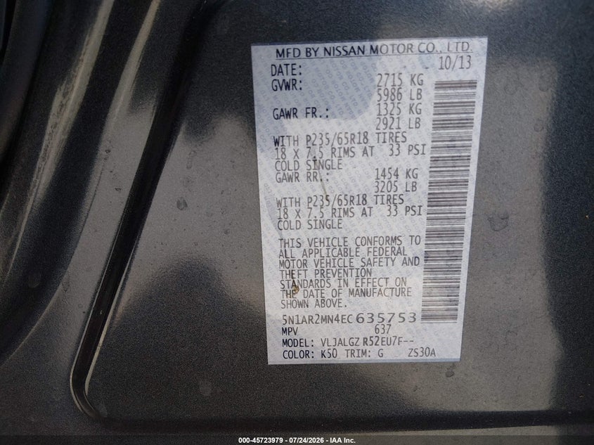 2014 Nissan Pathfinder VIN 5N1AR2MN4EC635753 IAAI salvage auction — NORMAL WEAR, Clear - Dealer Only (California), sold $650 on 2026-08-26 (photo 9)