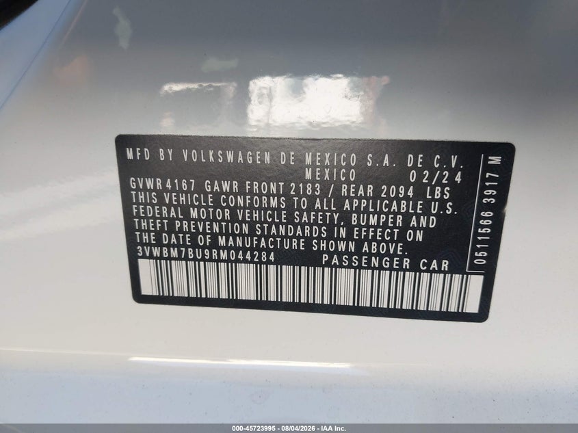 2024 Volkswagen Jetta VIN 3VWBM7BU9RM044284 IAAI salvage auction — RIGHT FRONT, Salvage Title, sold $6,600 on 2026-08-29 (photo 9)