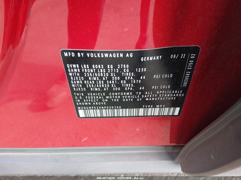 2022 Volkswagen Id.4 VIN WVGUNPE2XNP035760 IAAI salvage auction — LEFT FRONT, Salvage Title, sold $8,600 on 2026-09-04 (photo 9)