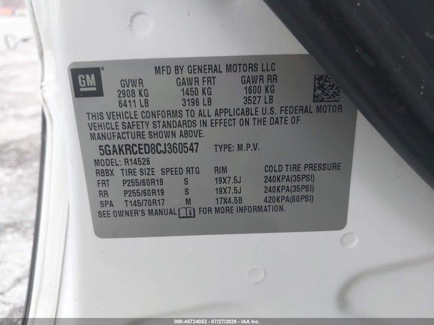 2012 Buick Enclave VIN 5GAKRCED8CJ360547 IAAI salvage auction — NORMAL WEAR, Clear (Florida), sold $1,225 on 2026-09-05 (photo 9)