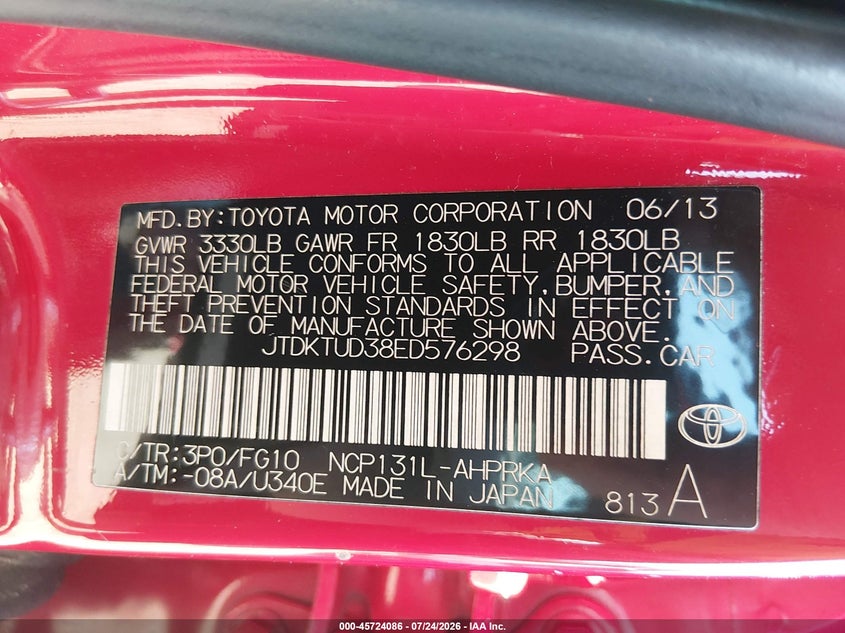 2014 Toyota Yaris VIN JTDKTUD38ED576298 IAAI salvage auction — NORMAL WEAR, Clear (Massachusetts), sold $25 on 2026-07-29 (photo 9)
