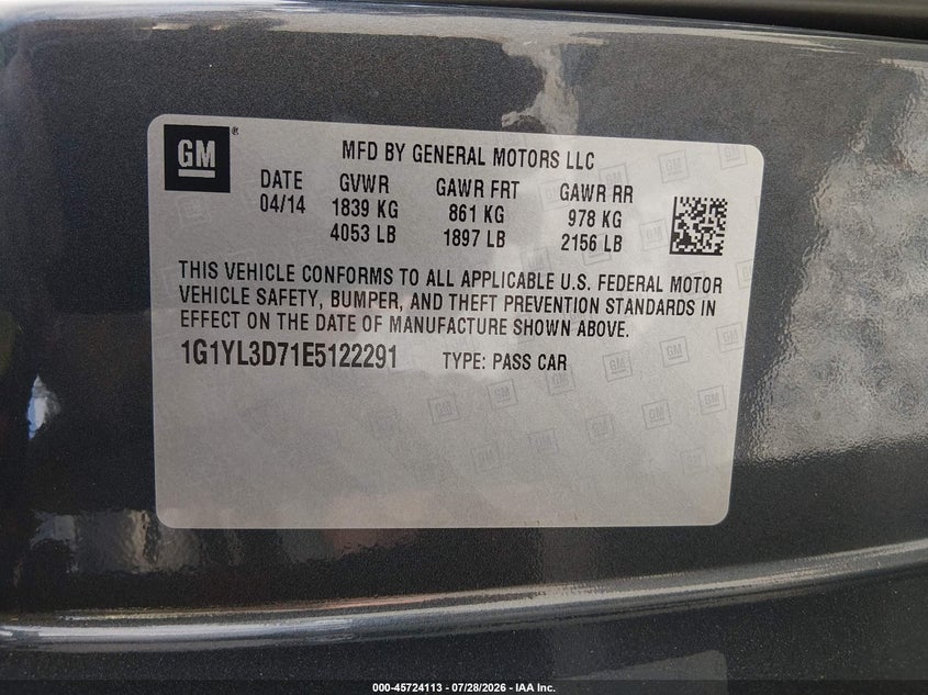 2014 Chevrolet Corvette VIN 1G1YL3D71E5122291 IAAI salvage auction — FRONT END, Bill Of Sale (Washington), sold $13,600 on 2026-08-26 (photo 9)