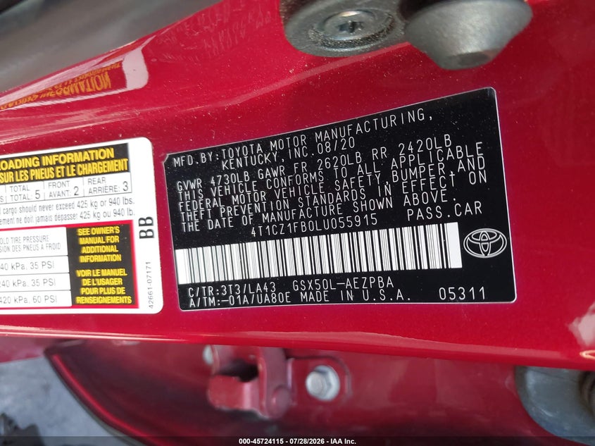 2020 Toyota Avalon VIN 4T1CZ1FB0LU055915 IAAI salvage auction — REAR END, Wait Title, sold $12,900 on 2026-08-26 (photo 9)