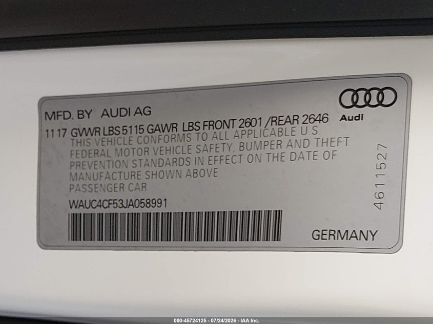 2018 Audi S5 VIN WAUC4CF53JA058991 IAAI salvage auction — LEFT FRONT, Salvage Title, sold $10,200 on 2026-08-05 (photo 9)