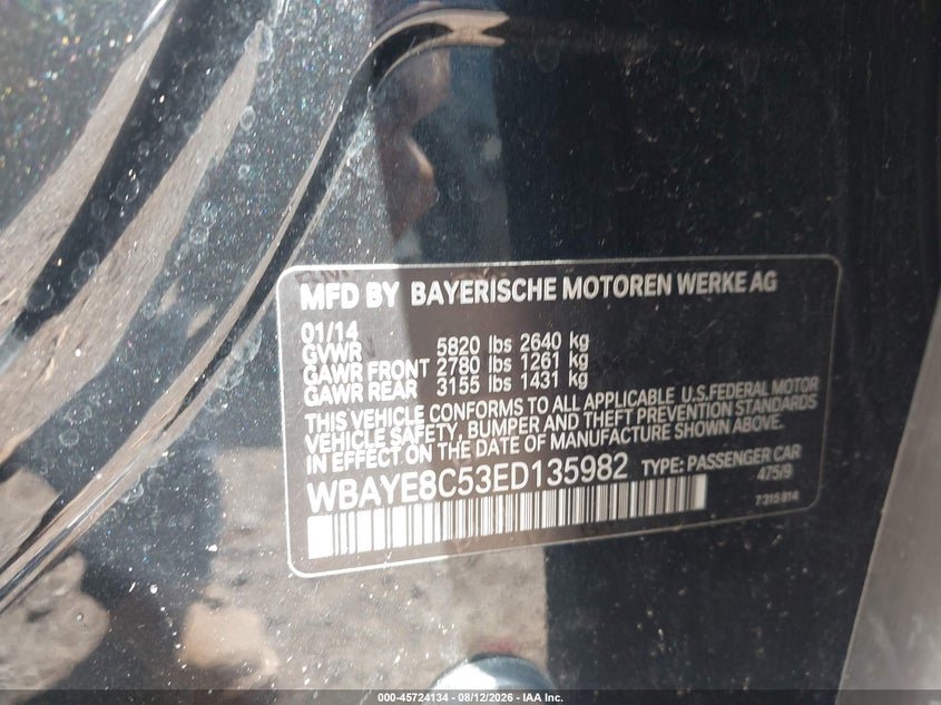 2014 BMW 7 series VIN WBAYE8C53ED135982 IAAI salvage auction — NORMAL WEAR, Clear (Alabama), sold $200 on 2026-08-23 (photo 9)