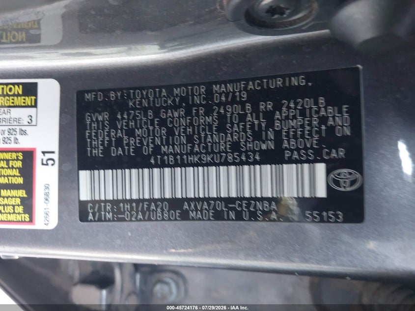 2019 Toyota Camry VIN 4T1B11HK9KU785434 IAAI salvage auction — RIGHT SIDE, Salvage Title, sold $5,300 on 2026-08-03 (photo 9)