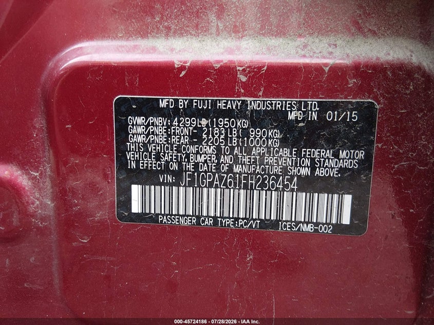 2015 Subaru Impreza VIN JF1GPAZ61FH236454 IAAI salvage auction — LEFT FRONT, Salvage Title, sold $1,000 on 2026-08-28 (photo 9)