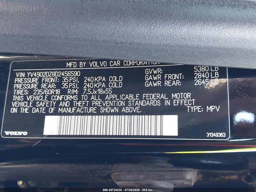 2013 Volvo Xc60 VIN YV4902DZ8D2456590 IAAI salvage auction — REAR END, Wait Title, sold $1,900 on 2026-08-10 (photo 9)