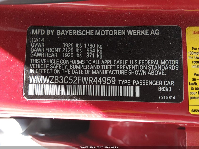 2015 Mini Countryman VIN WMWZB3C52FWR44959 IAAI salvage auction — SIDE, Salvage Title, sold $2,050 on 2026-08-22 (photo 9)