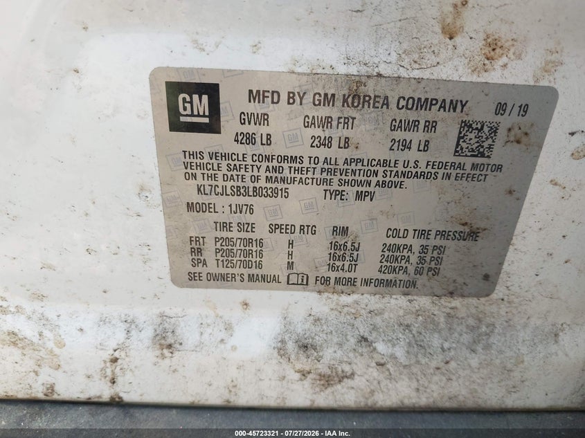 2020 Chevrolet Trax VIN KL7CJLSB3LB033915 IAAI salvage auction — NORMAL WEAR, Clear (Virginia), sold $25 on 2026-07-30 (photo 9)