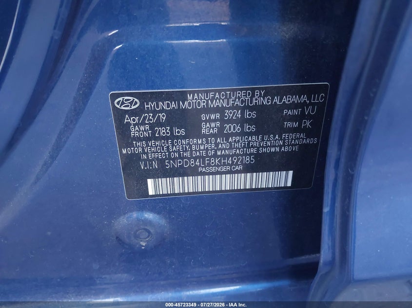 2019 Hyundai Elantra VIN 5NPD84LF8KH492185 IAAI salvage auction — REAR END, Salvage Certificate (California), sold $2,800 on 2026-08-23 (photo 9)