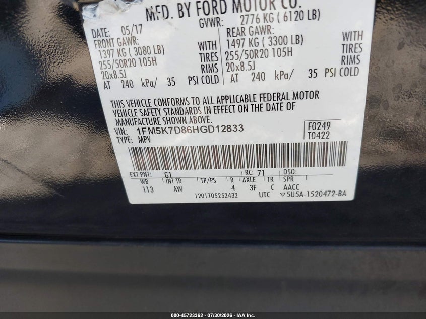 2017 Ford Explorer VIN 1FM5K7D86HGD12833 IAAI salvage auction — SIDE, Salvage Title, sold $2,750 on 2026-08-21 (photo 9)