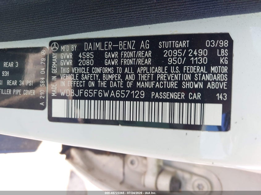 1998 Mercedes-benz E-klasse VIN WDBJF65F6WA657129 IAAI salvage auction — NORMAL WEAR, Clear - Dealer Only (California), sold $200 on 2026-07-30 (photo 9)