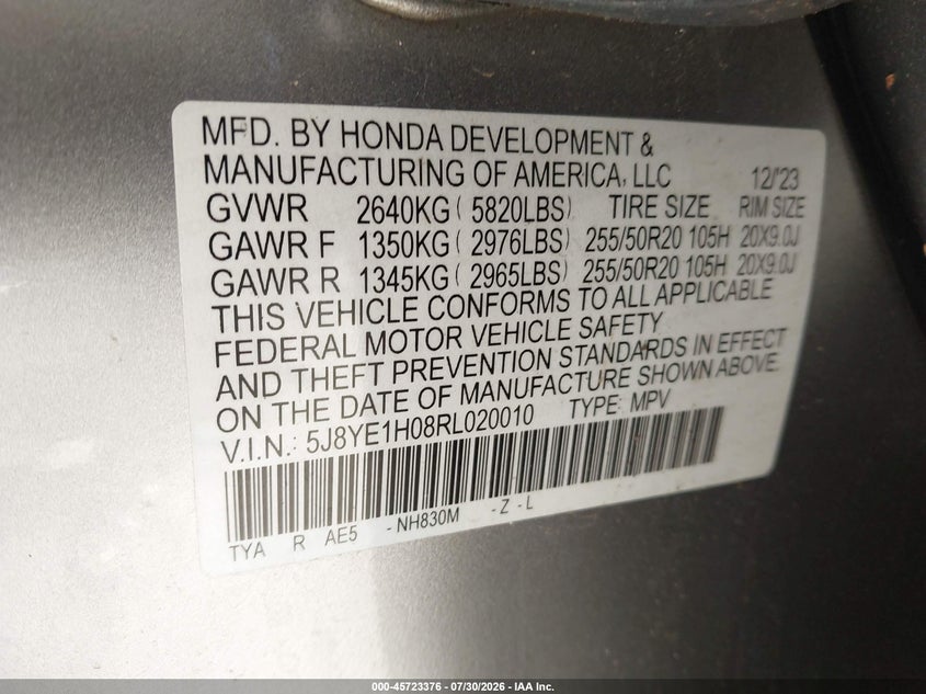 2024 Acura Mdx VIN 5J8YE1H08RL020010 IAAI salvage auction — FRAME DAMAGE, Salvage Title, sold $20,050 on 2026-09-16 (photo 9)