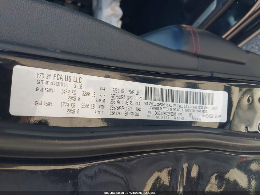 2016 Dodge Durango VIN 1C4SDJCT8GC353880 IAAI salvage auction — FRONT END, Salvage Title, sold $1,725 on 2026-09-10 (photo 9)