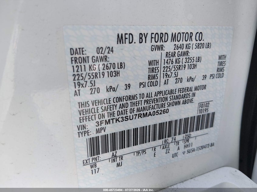 2024 Ford Mustang mach-e VIN 3FMTK3SU7RMA05260 IAAI salvage auction — REAR END, Wait Title, sold $14,200 on 2026-08-28 (photo 9)