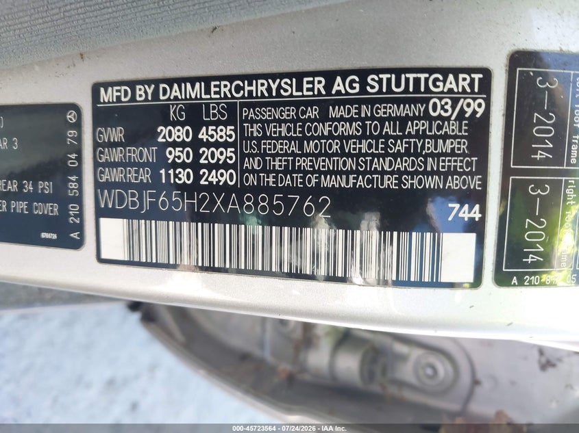 1999 Mercedes-benz E-klasse VIN WDBJF65H2XA885762 IAAI salvage auction — NORMAL WEAR, Salvage Title - Dealer (California), sold $275 on 2026-07-30 (photo 9)