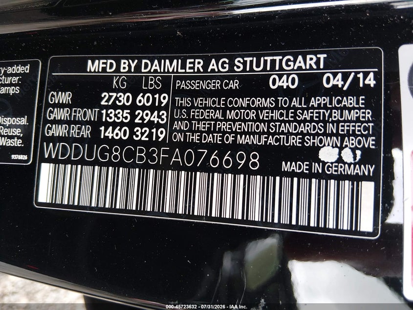 2015 Mercedes-benz VIN WDDUG8CB3FA076698 IAAI salvage auction — FRONT END, Salvage Title, sold $5,200 on 2026-08-12 (photo 9)